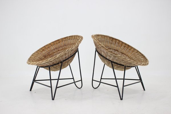 Rattan Woven Basket Chair with Hairpin Legs, 1960s, Set of 2-TZ-1313407