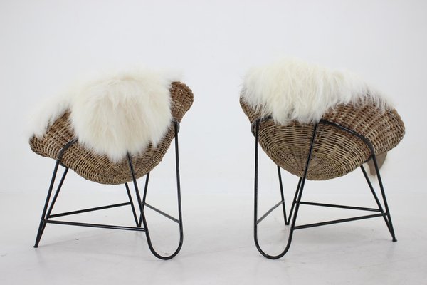 Rattan Woven Basket Chair with Icelandic Sheepskin, 1960s, Set of 2-TZ-1313410