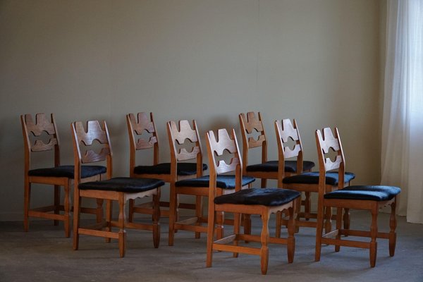 Razorblade Dining Chairs in Oak & Cowhide attributed to Henning Kjærnulf, 1960s, Set of 8-MXF-1761450