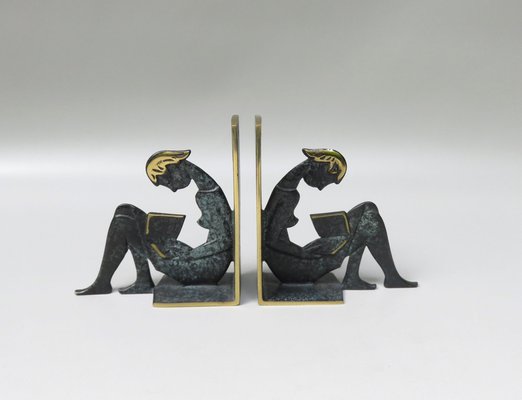 Reading Girl Bookends in Brass with Black-Green Patina, 1950s, Set of 2-EY-975006