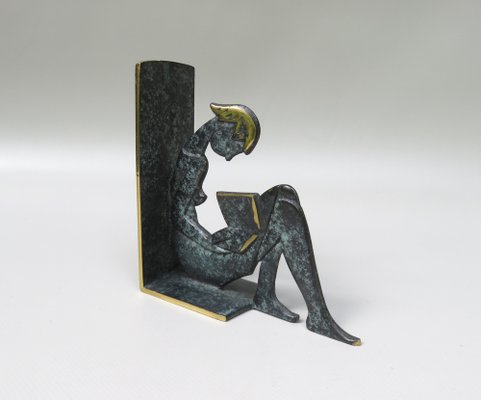 Reading Girl Bookends in Brass with Black-Green Patina, 1950s, Set of 2-EY-975006