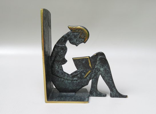 Reading Girl Bookends in Brass with Black-Green Patina, 1950s, Set of 2-EY-975006