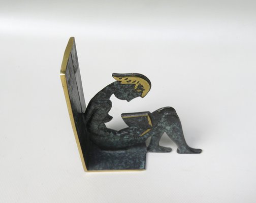 Reading Girl Bookends in Brass with Black-Green Patina, 1950s, Set of 2-EY-975006