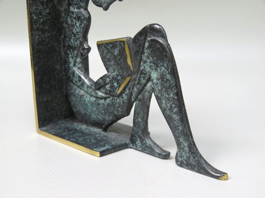 Reading Girl Bookends in Brass with Black-Green Patina, 1950s, Set of 2-EY-975006