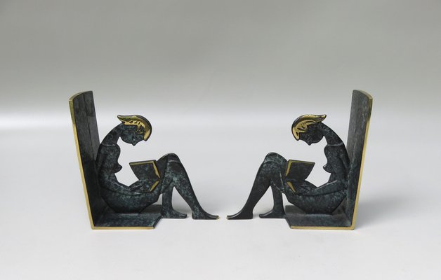 Reading Girl Bookends in Brass with Black-Green Patina, 1950s, Set of 2-EY-975006