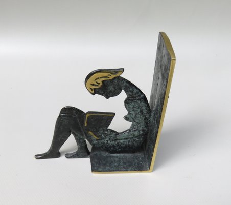 Reading Girl Bookends in Brass with Black-Green Patina, 1950s, Set of 2-EY-975006