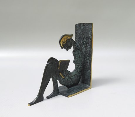 Reading Girl Bookends in Brass with Black-Green Patina, 1950s, Set of 2-EY-975006