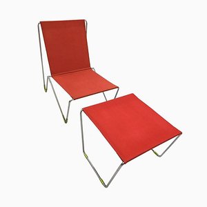 Red Bachelor Chair with Stool by Verner Panton for Fritz Hansen, Set of 2-UCH-1224718