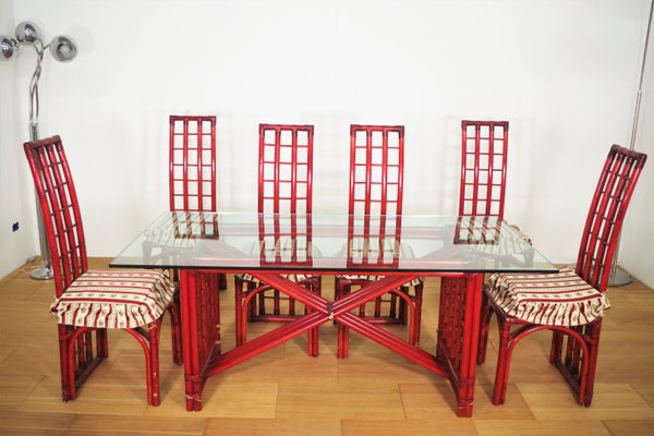 Red Bamboo Table & Chairs by Arturo Pozzoli, 1980s, Set of 7-KNM-1231129