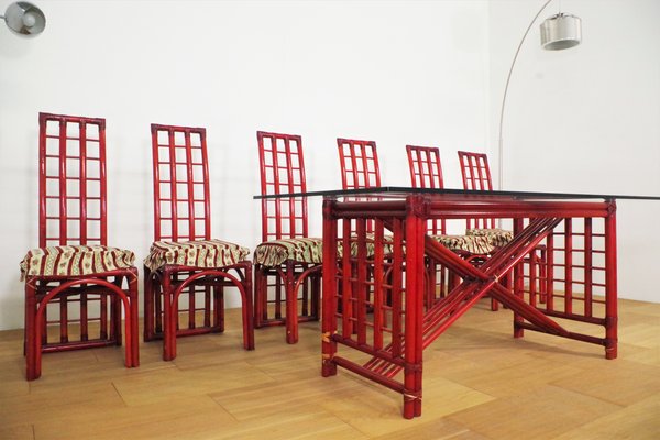 Red Bamboo Table & Chairs by Arturo Pozzoli, 1980s, Set of 7-KNM-1231129