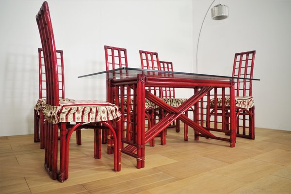 Red Bamboo Table & Chairs by Arturo Pozzoli, 1980s, Set of 7-KNM-1231129