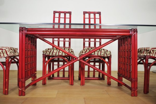 Red Bamboo Table & Chairs by Arturo Pozzoli, 1980s, Set of 7-KNM-1231129