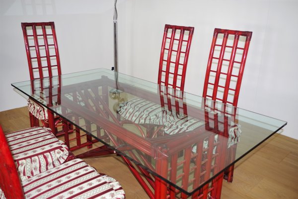 Red Bamboo Table & Chairs by Arturo Pozzoli, 1980s, Set of 7-KNM-1231129