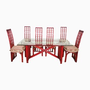 Red Bamboo Table & Chairs by Arturo Pozzoli, 1980s, Set of 7-KNM-1231129