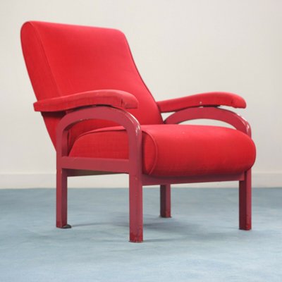 Red Fabric and Wood Reclining Lounge Chair, 1970s-ZLY-628663