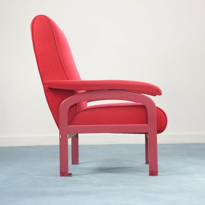 Red Fabric and Wood Reclining Lounge Chair, 1970s-ZLY-628663