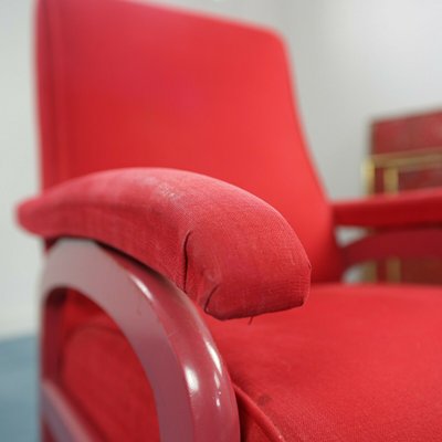 Red Fabric and Wood Reclining Lounge Chair, 1970s-ZLY-628663