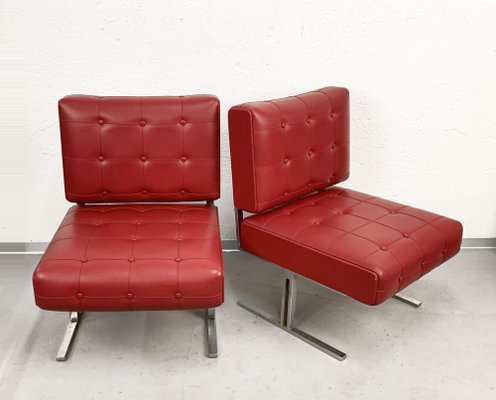 Red Faux Leather & Steel Armchairs by Hausmann for de Sede, 1950s, Set of 2-JDR-1126024