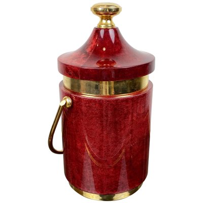 Red Goatskin & Brass Ice Bucket by Aldo Tura, Italy, 1960s-LYQ-1171550