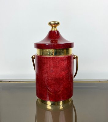 Red Goatskin & Brass Ice Bucket by Aldo Tura, Italy, 1960s-LYQ-1171550