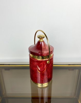 Red Goatskin & Brass Ice Bucket by Aldo Tura, Italy, 1960s-LYQ-1171550