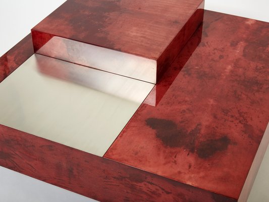 Red Goatskin Parchment and Steel Bar Coffee Table by Aldo Tura, 1960-YJA-1353260