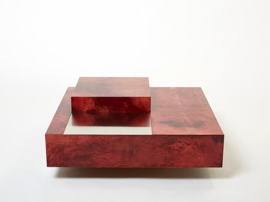 Red Goatskin Parchment and Steel Bar Coffee Table by Aldo Tura, 1960-YJA-1353260