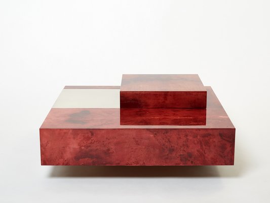 Red Goatskin Parchment and Steel Bar Coffee Table by Aldo Tura, 1960-YJA-1353260