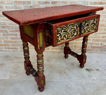 Red Lacquered Console Table with Gilt Accents and Carved Apron, 1940s-NOU-2034027