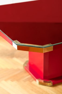 Red Lacquered Hexagonal Dining Table with Brass Details and Molato Crystal Shelf, Italy, 1980s-MNF-1704601