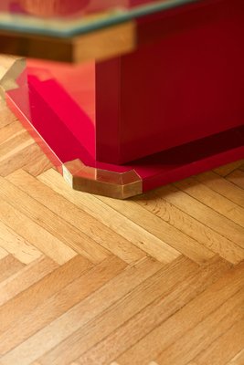 Red Lacquered Hexagonal Dining Table with Brass Details and Molato Crystal Shelf, Italy, 1980s-MNF-1704601