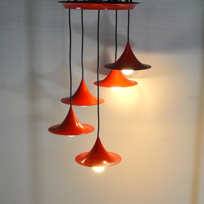 Red Lacquered Metal Cone Ceiling Lamps from Fog & Mørup, 1960s, Set of 5-JQO-849429