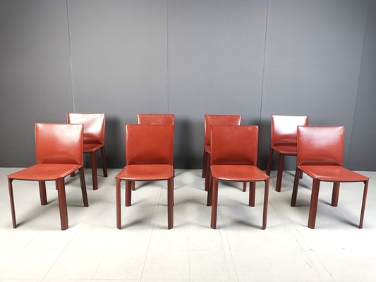 Red Leather Dining Chairs by De Couro Brazil, 1980s, Set of 8-IRH-2043122