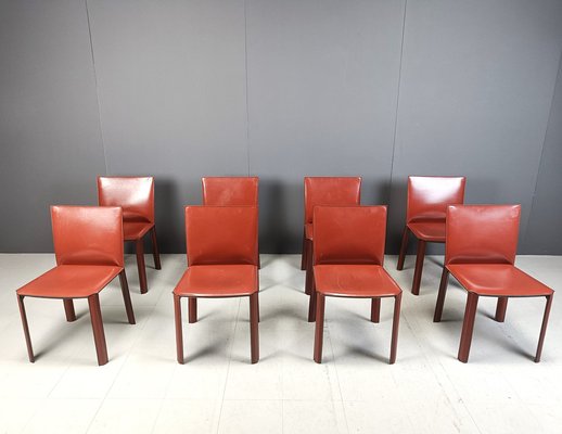 Red Leather Dining Chairs by De Couro Brazil, 1980s, Set of 8-IRH-2043122