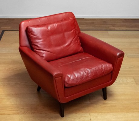 Red Leather Lounge Chair, Denmark, 1960s-JE-1775461