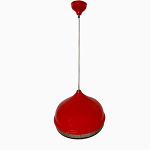 Red Metal and Granulated Glass Ceiling Lamp, 1970s-ROJ-671944