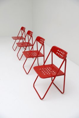 Red Metal Folding Chairs, 1980s, Set of 4-CF-1238817