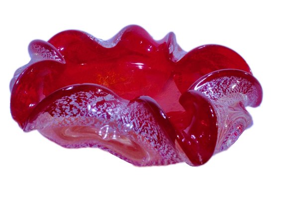 Red Sommerso Murano Glass Bowls with Silver Flecks & Rippled Edge, Set of 2-MJY-1148904