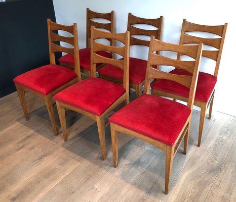 Red Velvet Oak Dining Chairs, Set of 6-BA-1365381