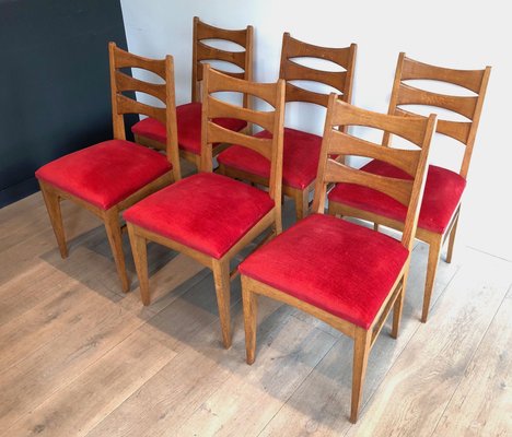 Red Velvet Oak Dining Chairs, Set of 6-BA-1365381