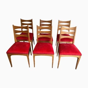 Red Velvet Oak Dining Chairs, Set of 6-BA-1365381