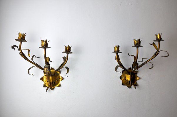 Regency Italian Floral Sconces in Metallic, 1950s, Set of 2-EJE-1327973