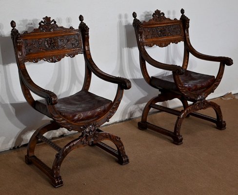 Renaissance Dagobert Curule Armchairs, Late 19th Century, Set of 2-RVK-1440569