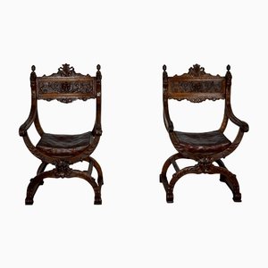 Renaissance Dagobert Curule Armchairs, Late 19th Century, Set of 2-RVK-1440569