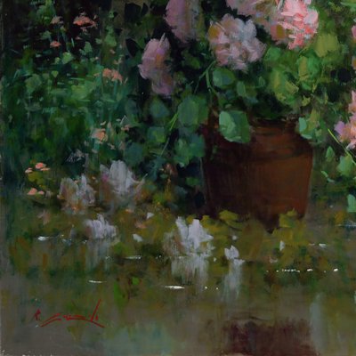 Renato Criscuolo, in the Garden of Home, Oil on Canvas, Framed, Early 2000s, Italy-VHF-1269346