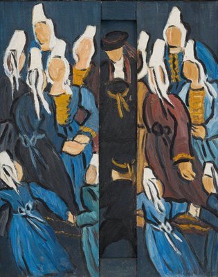 René France, Bretons in Costumes, 1990s, Oil on Canvas Triptych-QKG-1749390