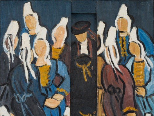 René France, Bretons in Costumes, 1990s, Oil on Canvas Triptych-QKG-1749390