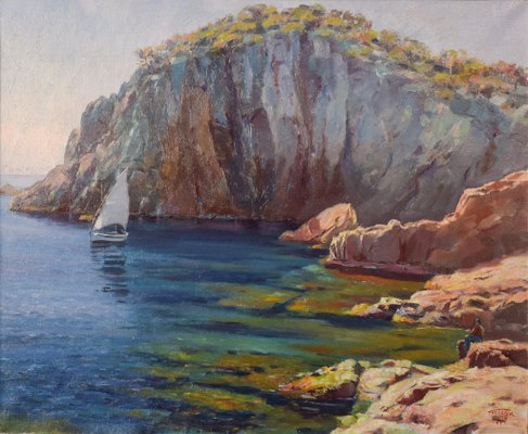 Ricard Tarrega Viladoms, Spanish Cala Landscape, Mid-20th Century, Oil on Canvas-AOI-1110895