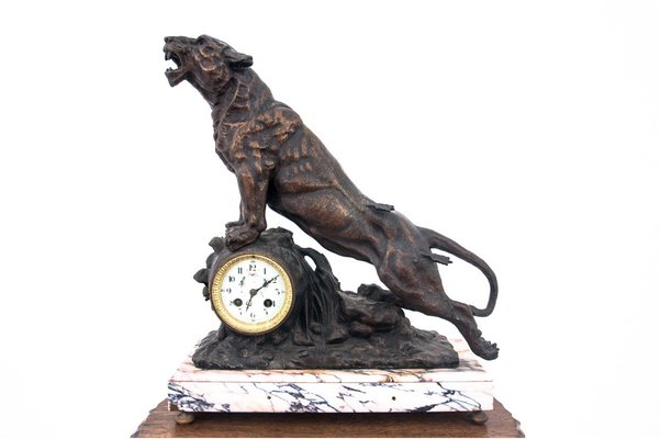 Roaring of the Lion Mantel Clock in Bronze and Marble, France, 1880s-BXB-968020