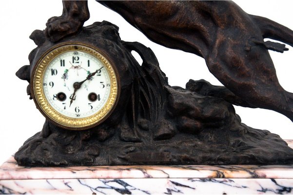 Roaring of the Lion Mantel Clock in Bronze and Marble, France, 1880s-BXB-968020